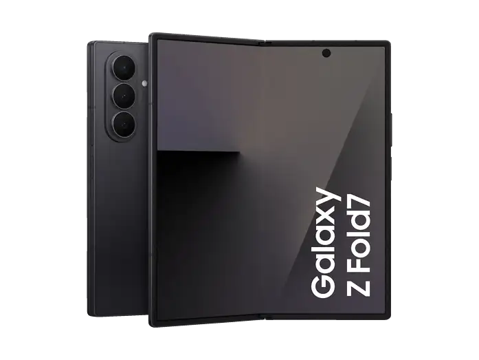 Samsung Galaxy Z Fold7 in Jetblack, Rückseite und aufgeklappt