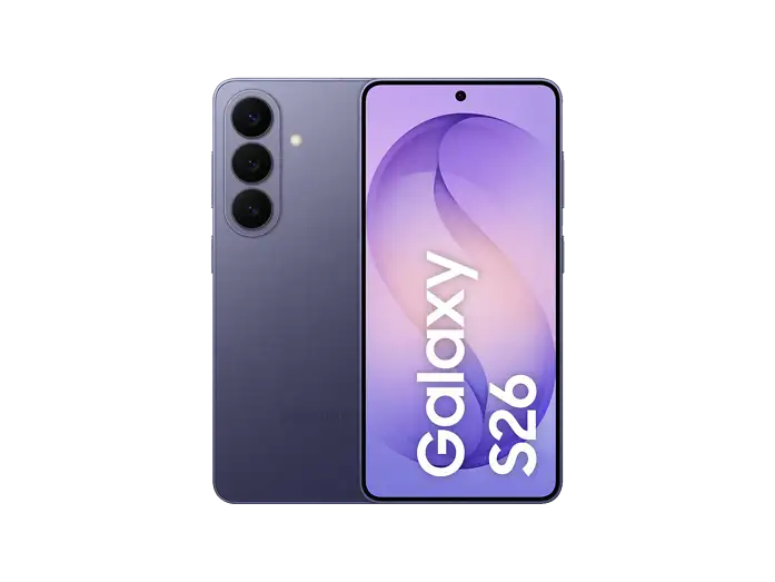 Samsung Galaxy S26 in Cobalt Violet, Rückseite und Vorderseite