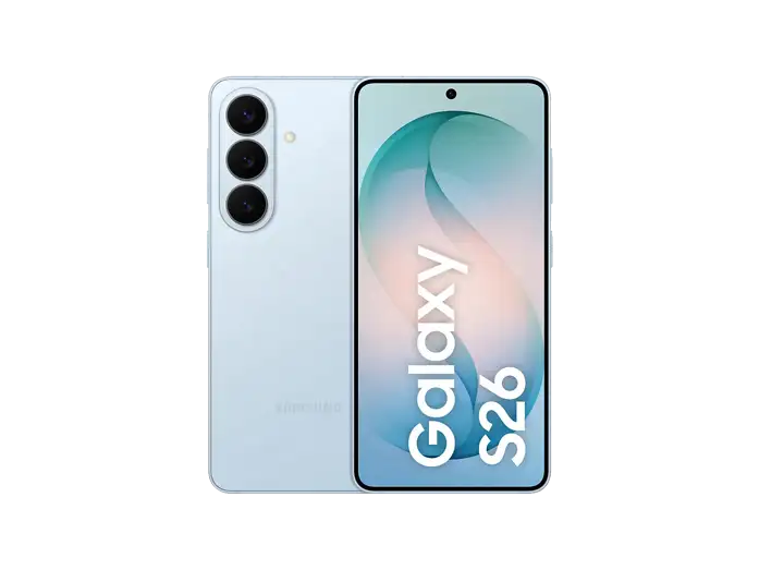 Samsung Galaxy S26 in Sky Blue, Rückseite und Vorderseite