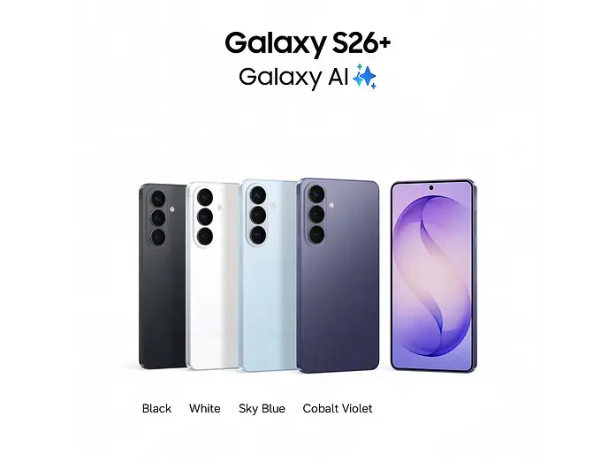 Samsung Galaxy S26+ in allen vier Farben: Black, White, Sky Blue und Cobalt Violet