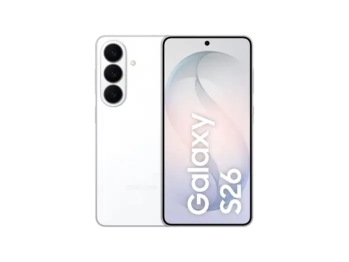 Samsung Galaxy S26 in White, Rückseite und Vorderseite