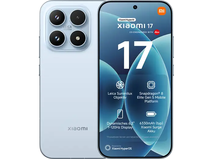 Xiaomi 17 in Ice Blue, Rückseite und Vorderseite