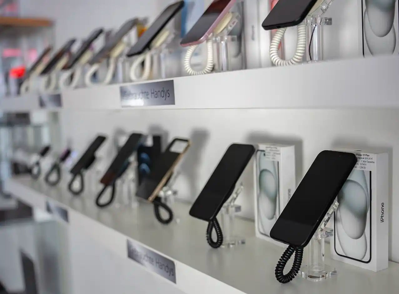 Smartphones und iPhones auf Präsentationsständern im MyTel-Geschäft in Gerolstein